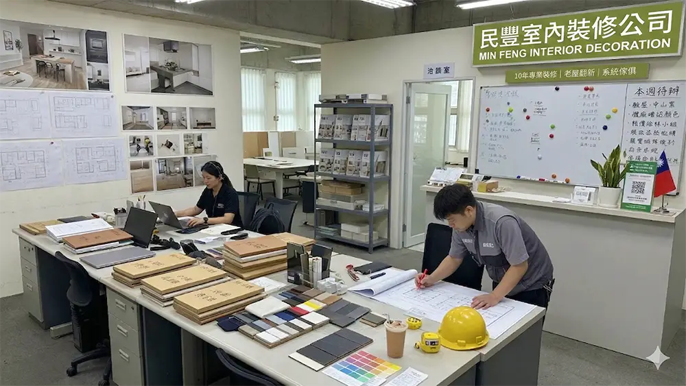 民豐室內裝修公司辦公室內部。兩名設計師在滿是藍圖、材料樣板和樣品書的辦公桌上工作，旁邊有黃色安全帽。