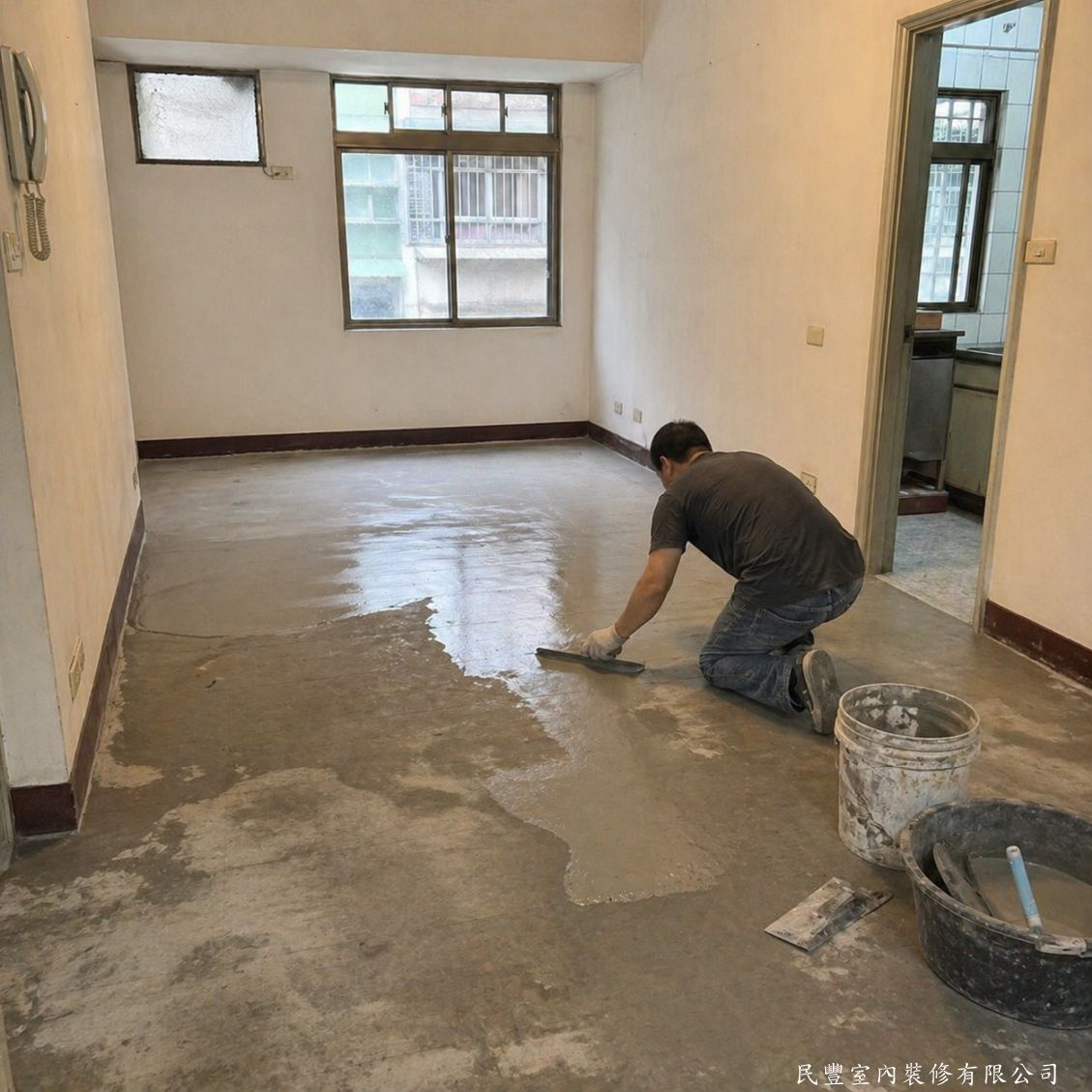 民豐室內裝修-超耐磨木地板-拆除完成後，以水泥砂漿對地面進行全面打底整平，確保底層平整度達到鋪設標準，讓後續地板能穩固服貼、延長使用壽命