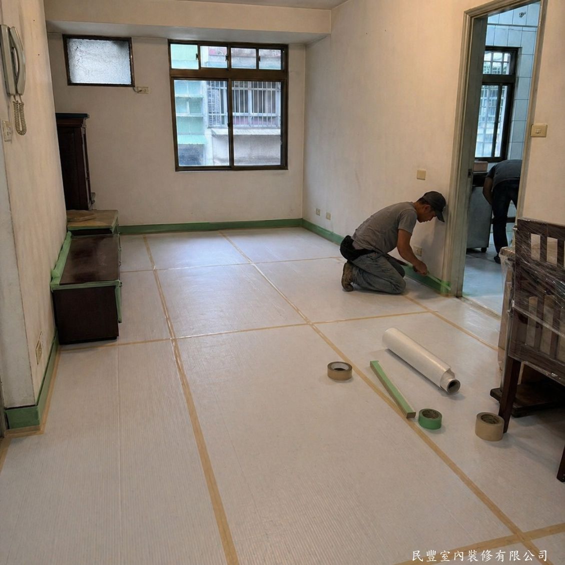 民豐室內裝修-超耐磨木地板-地面整平乾燥後，鋪設防潮布隔離地面濕氣，並以保護膠帶沿牆腳固定，有效防止日後地板受潮翹曲，保障地板使用品質
