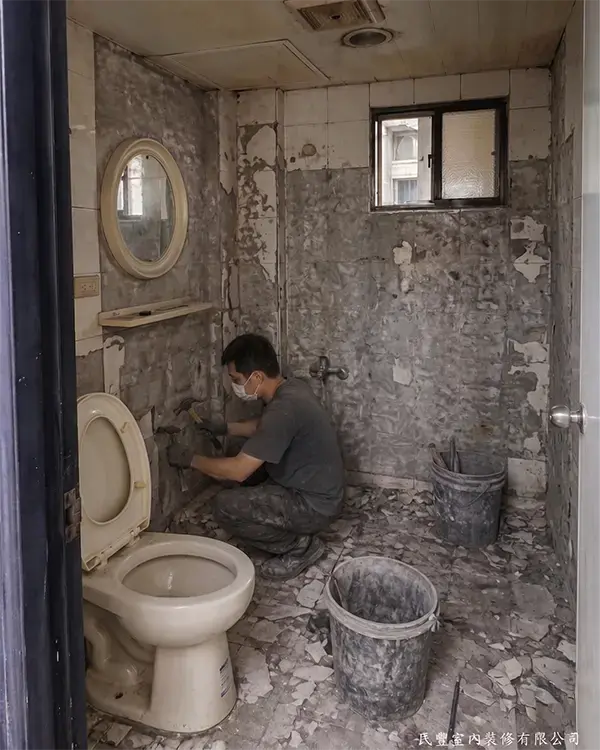 民豐室內裝修-水電與防水工程-拆除階段我們派遣兩位資深師傅進駐，採分區拆除方式，從壁面磁磚、地坪到老舊管線逐步處理，並特別留意敲擊力道，避免影響相鄰結構。所有廢料當日清運完畢，現場保持整潔