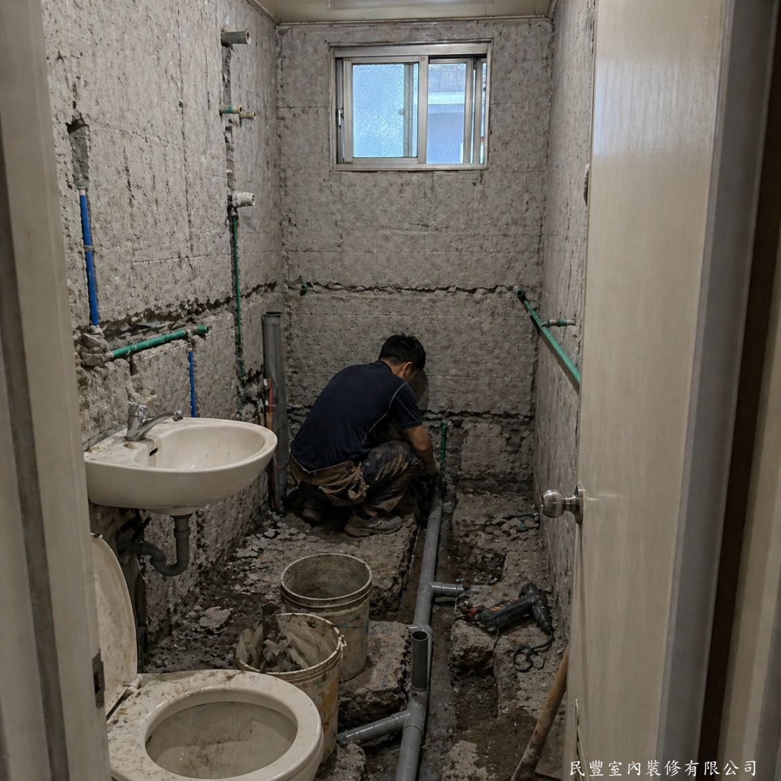 民豐室內裝修-客廳水電木作油漆地板暨浴室翻新-浴室馬賽克磚全面拆除，水管路線重新整理配置，為後續防水施作及重新貼磚建立乾淨的作業基礎