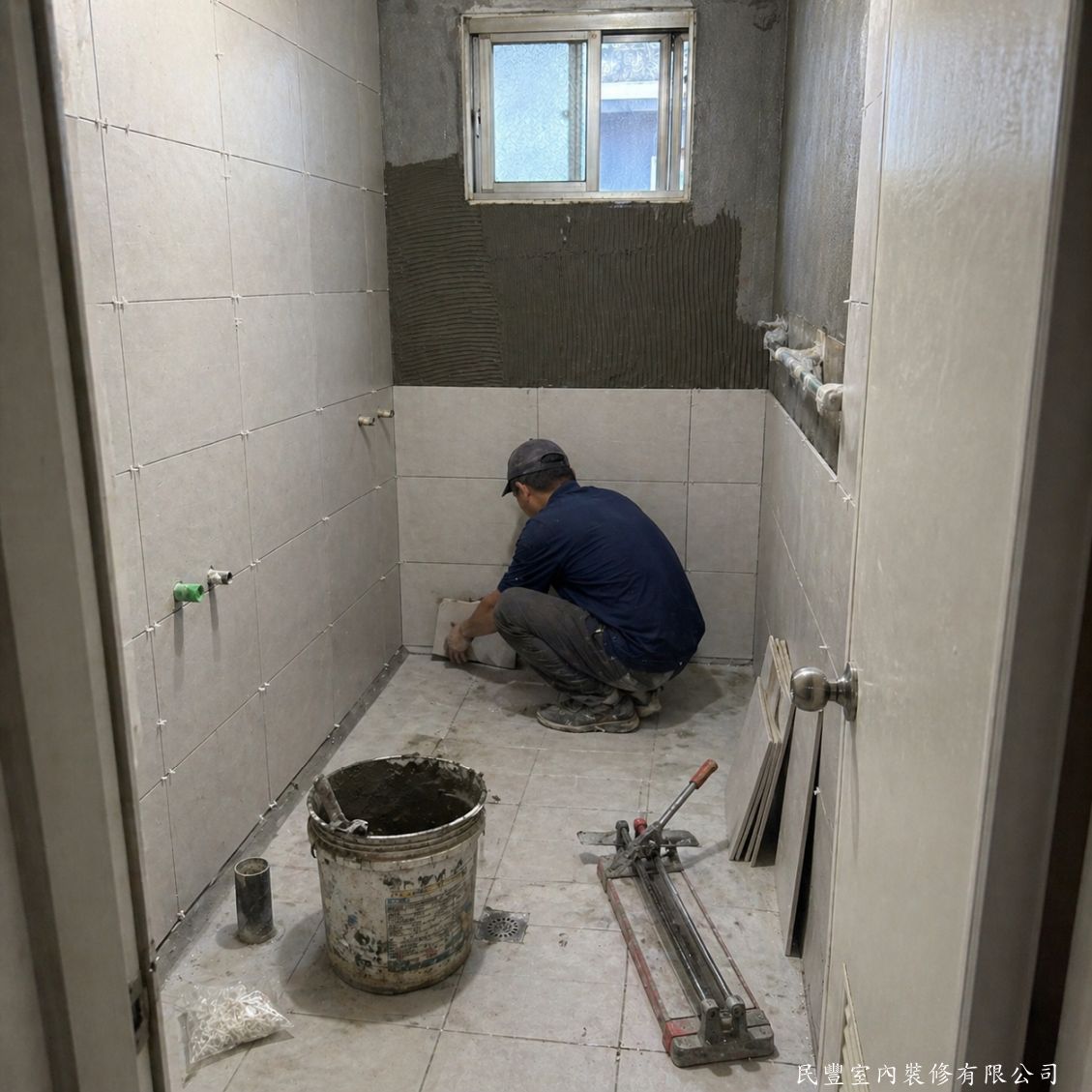 民豐室內裝修-客廳水電木作油漆地板暨浴室翻新-師傅以白色大板磁磚進行浴室壁磚貼設，搭配地磚，縫隙均勻，水平垂直精準，整潔大方，質感現代