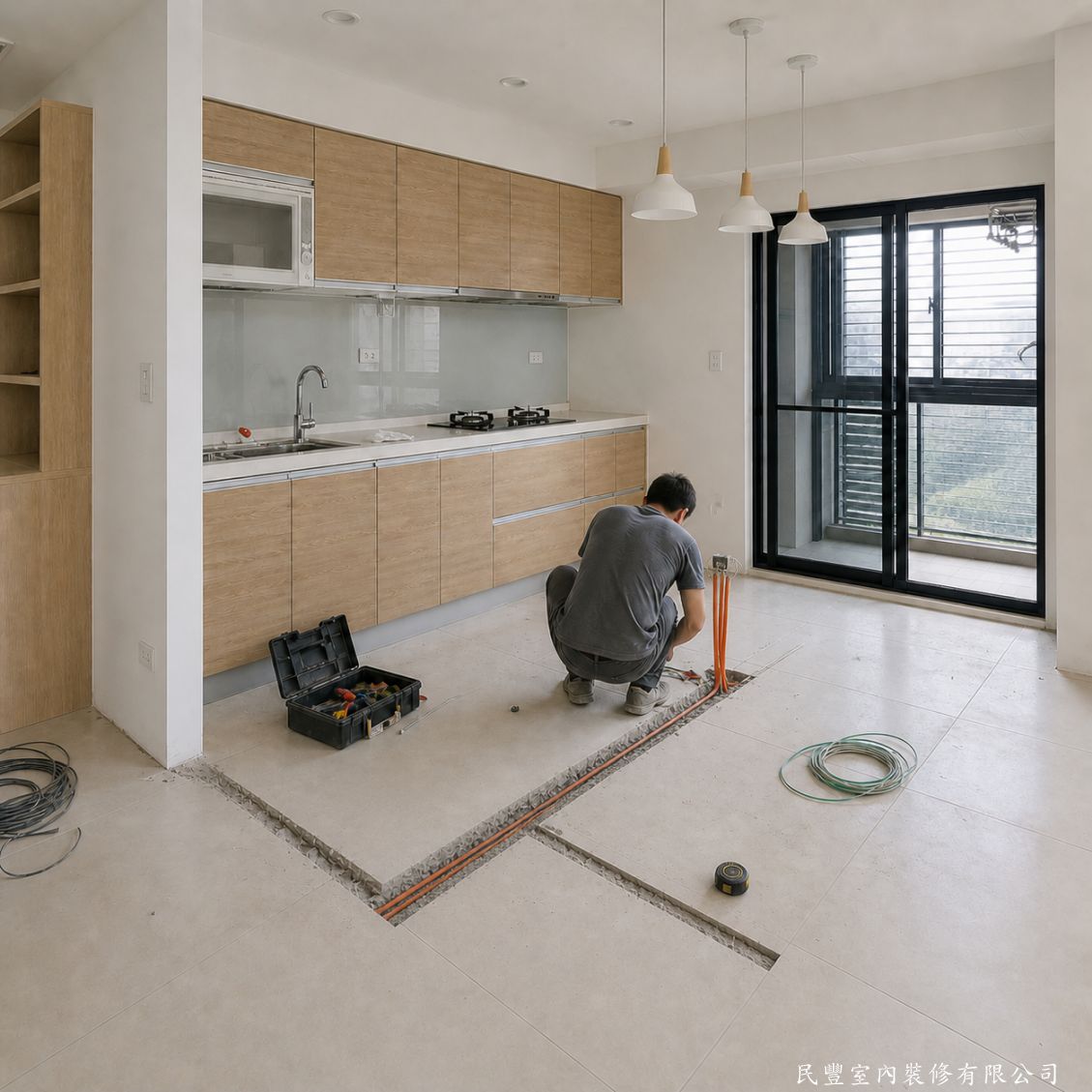 民豐室內裝修-廚房木作中島餐桌訂製施作-師傅於地板放樣位置進行精確切割開槽，埋設中島固定底座與管線，確保中島結構穩固牢靠，不因日常使用晃動位移，安全耐用