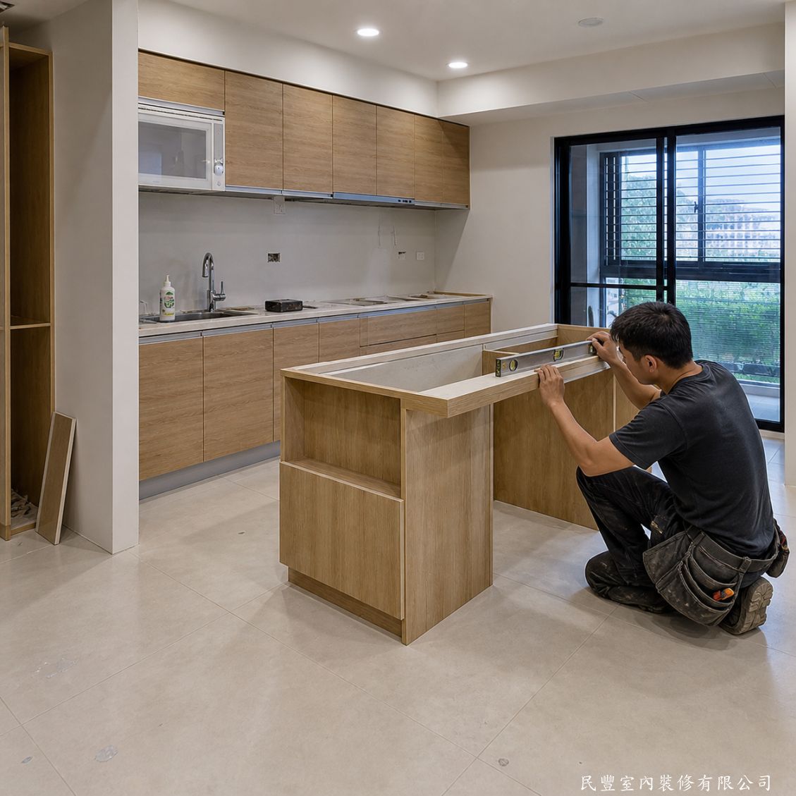 民豐室內裝修-廚房木作中島餐桌訂製施作-木紋貼皮中島櫃體組裝完成後，師傅以水平尺仔細校正中島水平垂直，確保每個面都精準到位，為後續石材檯面安裝做好準備