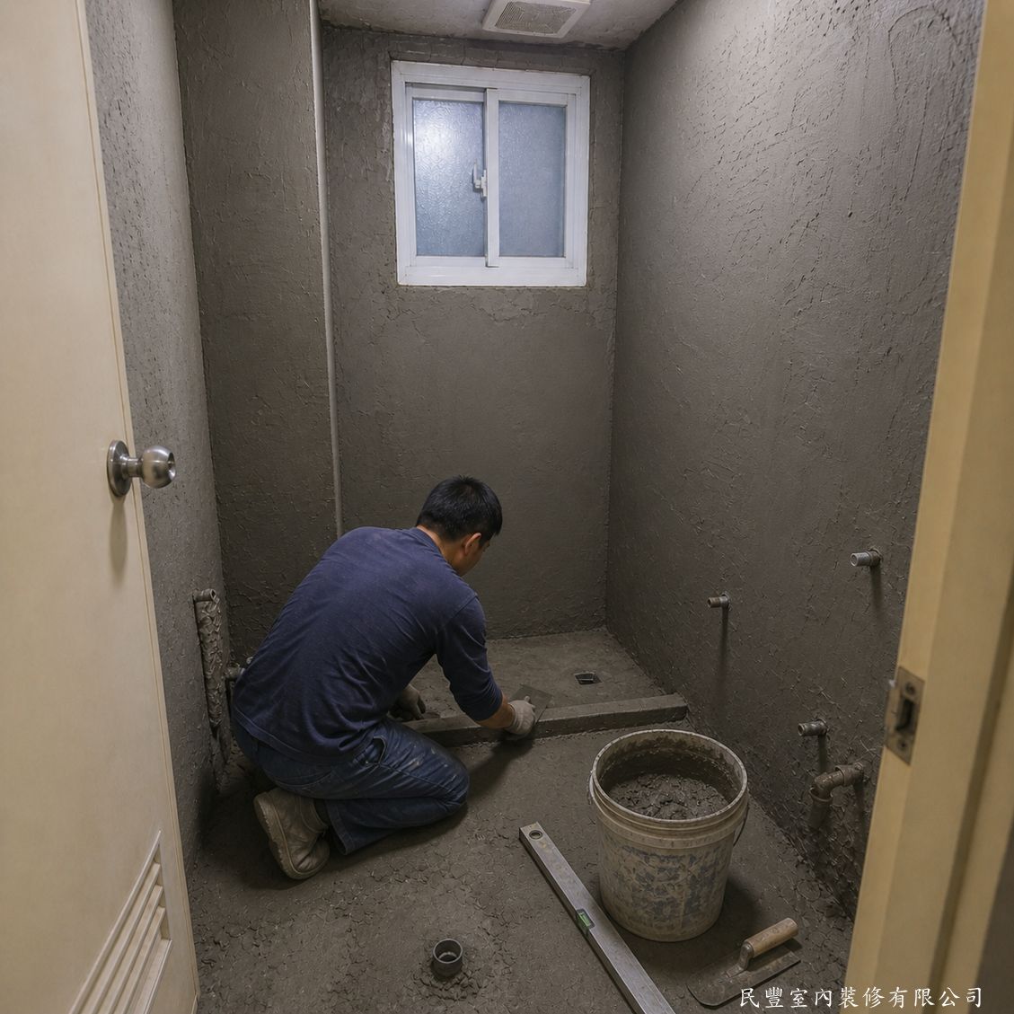 民豐室內裝修-浴室磁磚拆除防水重貼加玻璃淋浴拉門-地面水泥整平作業持續推進，師傅以刮刀精細處理地面排水坡度，確保地面排水順暢，防止積水，為後續防水層施作做好萬全準備