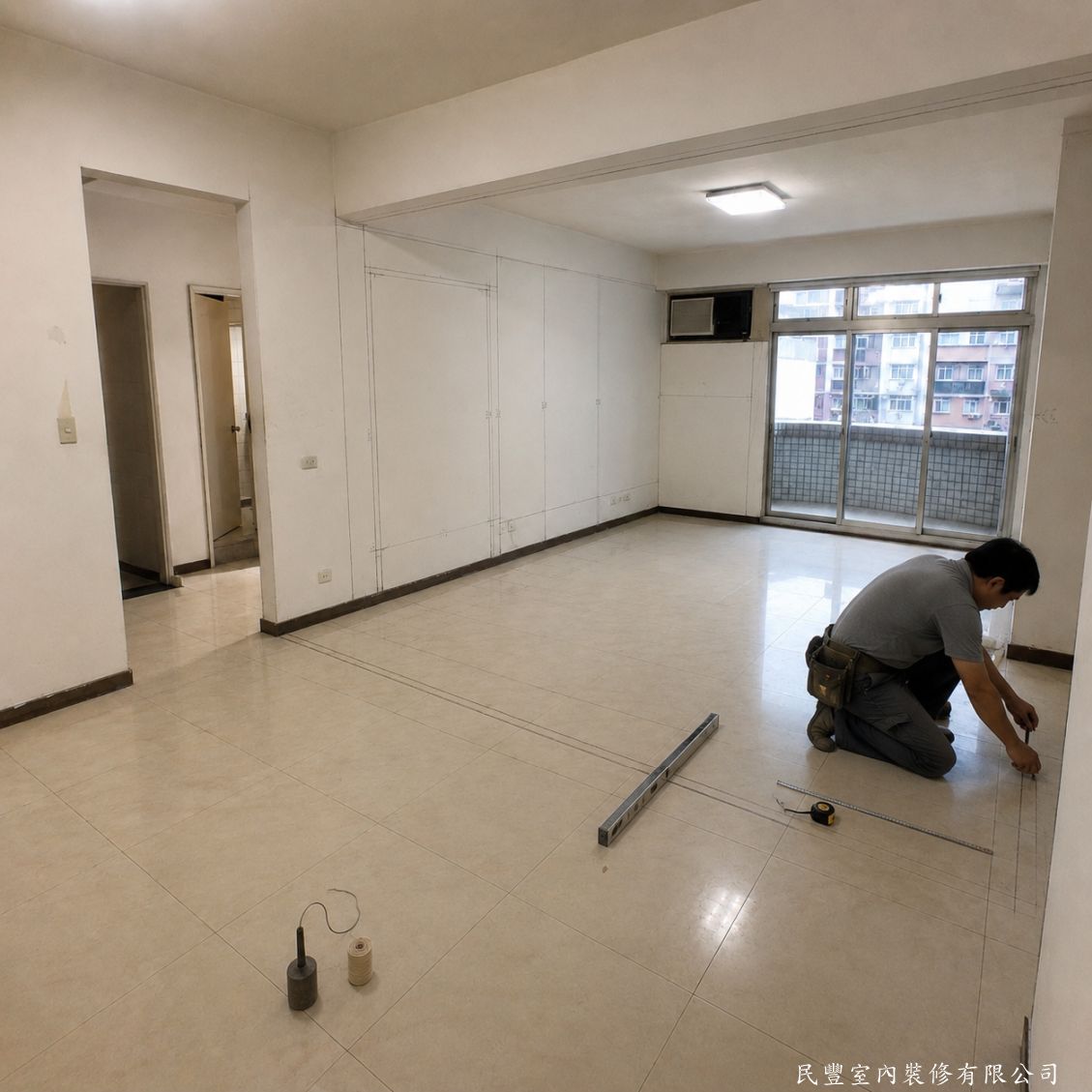 民豐室內裝修-木作隔間01-依業主確認設計圖放樣，於地面及牆面彈出隔間牆墨線，精準標示隔間牆位置，確保水平與垂直角度符合施工標準，奠定後續骨架精準度