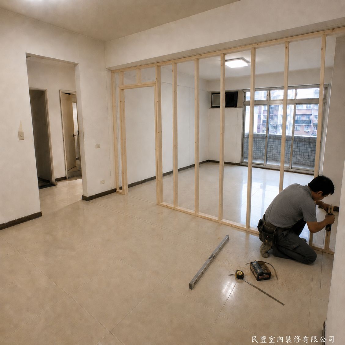 民豐室內裝修-木作隔間01-以優質角材於墨線位置固定頂底框，等間距立設骨架柱，確保隔間骨架水平垂直、結構穩固紮實，為後續封板作業打下良好基礎