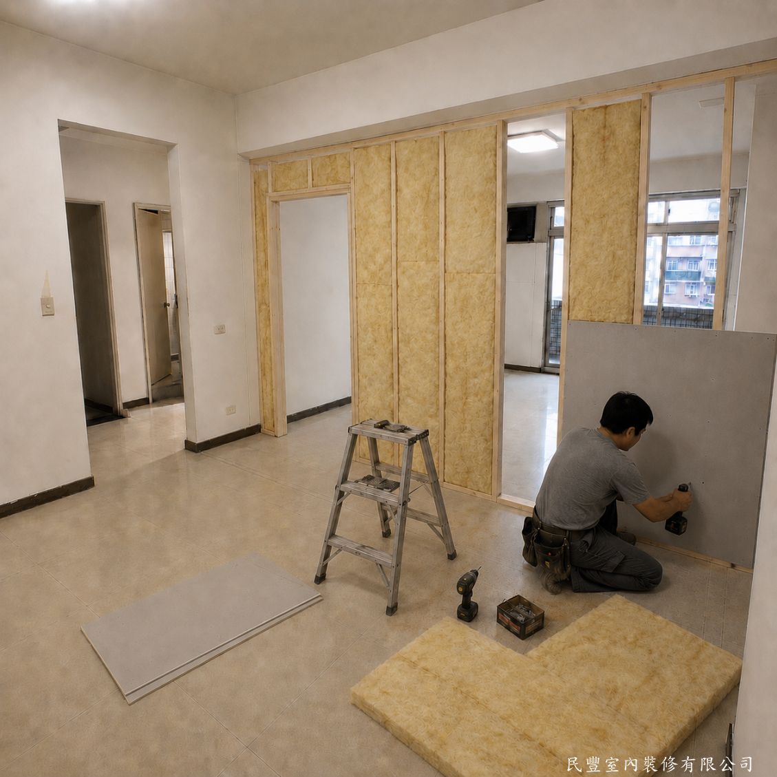 民豐室內裝修-木作隔間01-骨架完成後進行矽酸鈣板封板，精準裁切後逐片固定於骨架上，板縫留適當間隙，確保板面平整度良好，符合後續批土施作要求