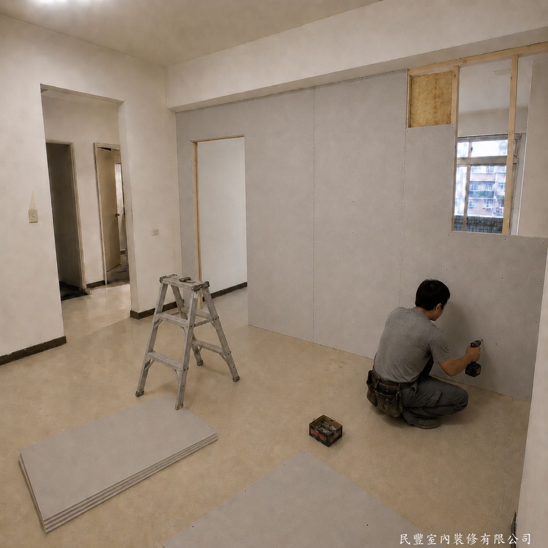 民豐室內裝修-木作隔間01-板縫處以網格補強帶貼覆固定，批土補強填縫，全面打磨至光滑平整，消除表面高低差，為後續油漆或面材提供優質平整基底