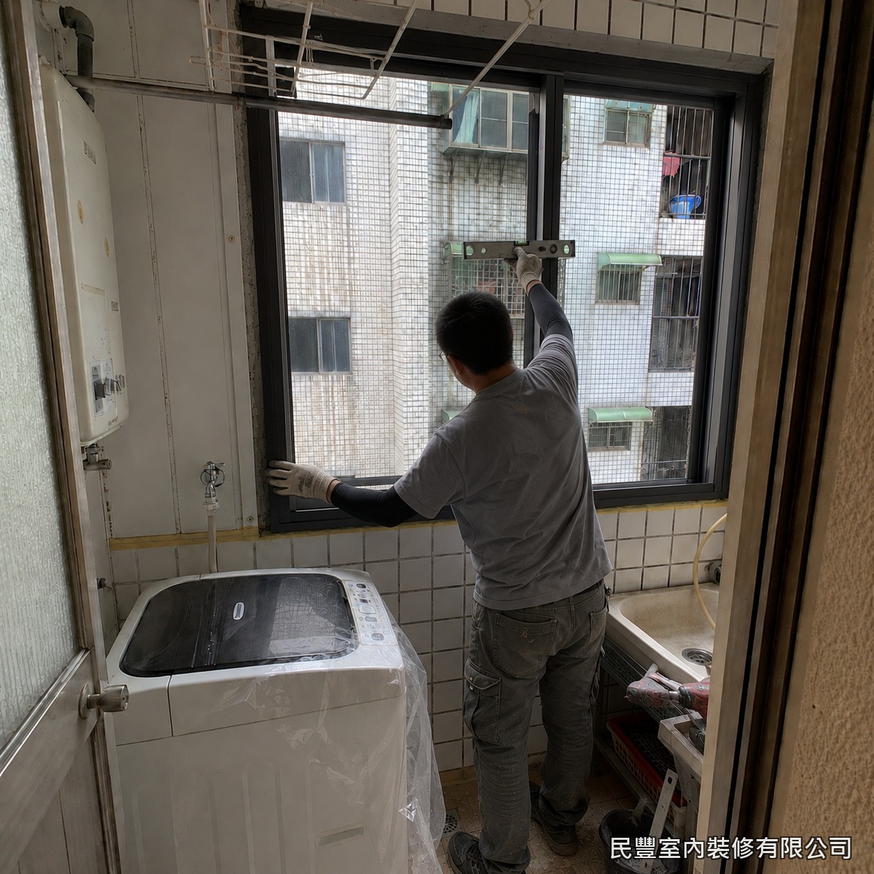 民豐室內裝修-氣密窗-師傅將窗扇與玻璃裝入校正後的窗框，逐點鎖固於結構牆並檢查開合順暢度，確保窗體穩固牢靠不晃動