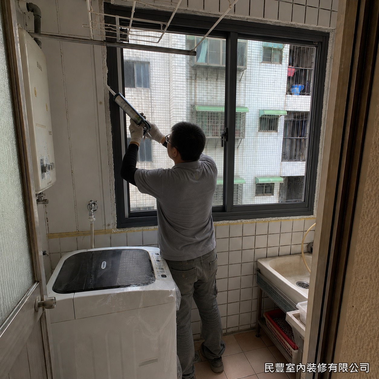 民豐室內裝修-氣密窗-封補孔洞與窗周牆面以水泥批土修補整平，修飾接縫處不平整，多道處理使牆面平順，與原磁磚面自然銜接