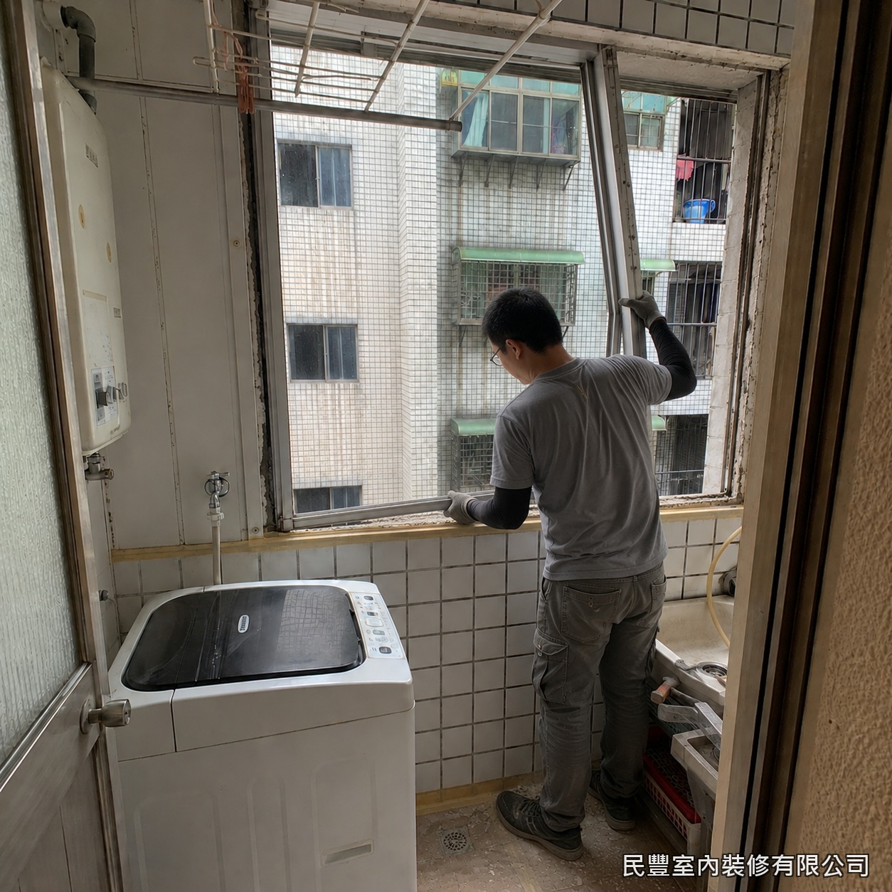 民豐室內裝修-氣密窗-於窗框與牆面接縫處施作塞水路防水，填入防水砂漿確實封填縫隙，阻絕雨水滲入，提升陽台整體防水性能