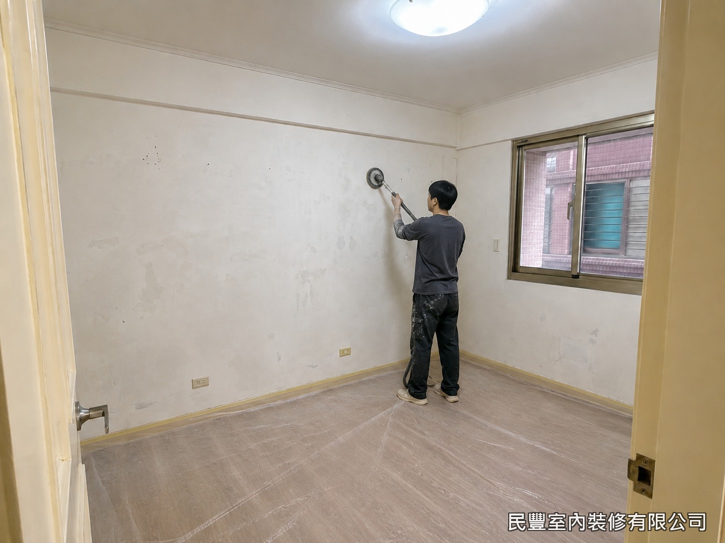 民豐室內裝修-全室牆面刷漆-師傅以電動研磨機全面研磨牆面，徹底去除鬆動的舊漆膜與粉化層，讓基底回復穩固狀態。研磨同時檢查牆體有無裂縫與空鼓，為後續批土作業打好基礎
