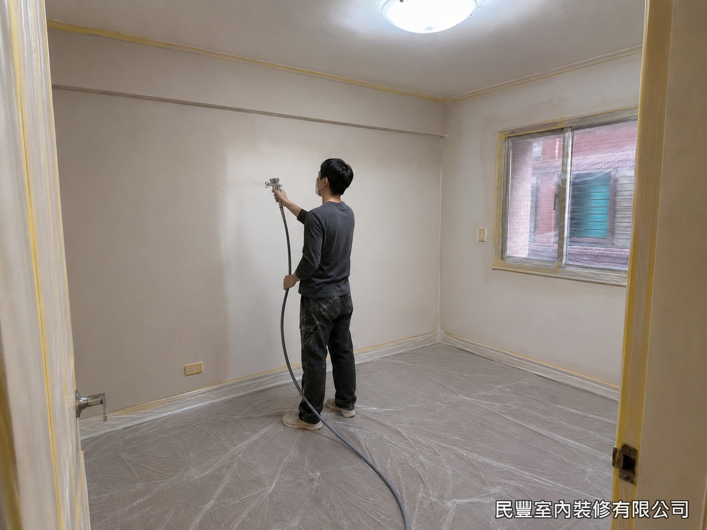 民豐室內裝修-全室牆面刷漆-面漆採噴塗工法施作，漆膜均勻細緻無滾筒痕，呈現平滑高質感漆面。師傅控制噴槍距離與走速，分層薄噴兩道，色澤飽和一致