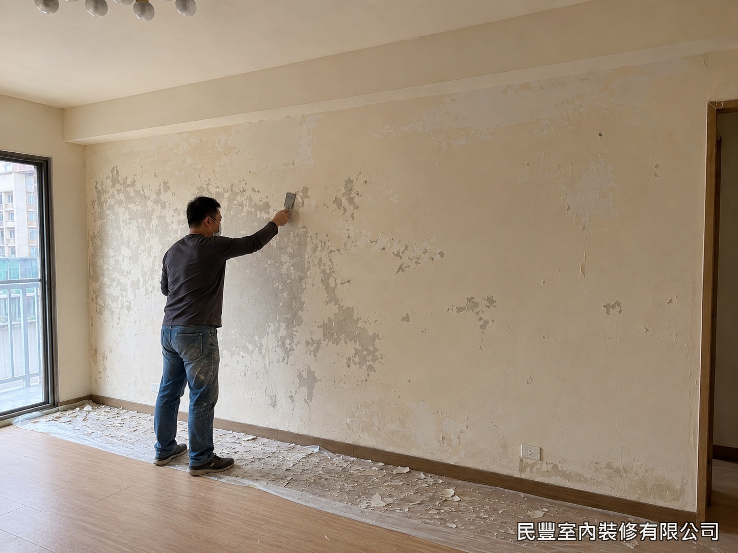 民豐室內裝修-客廳牆面批土刮除-師傅以刮刀將鬆脫漆膜與老舊批土層全面刮除見底，地坪滿鋪保護，粉塵廢料集中清理