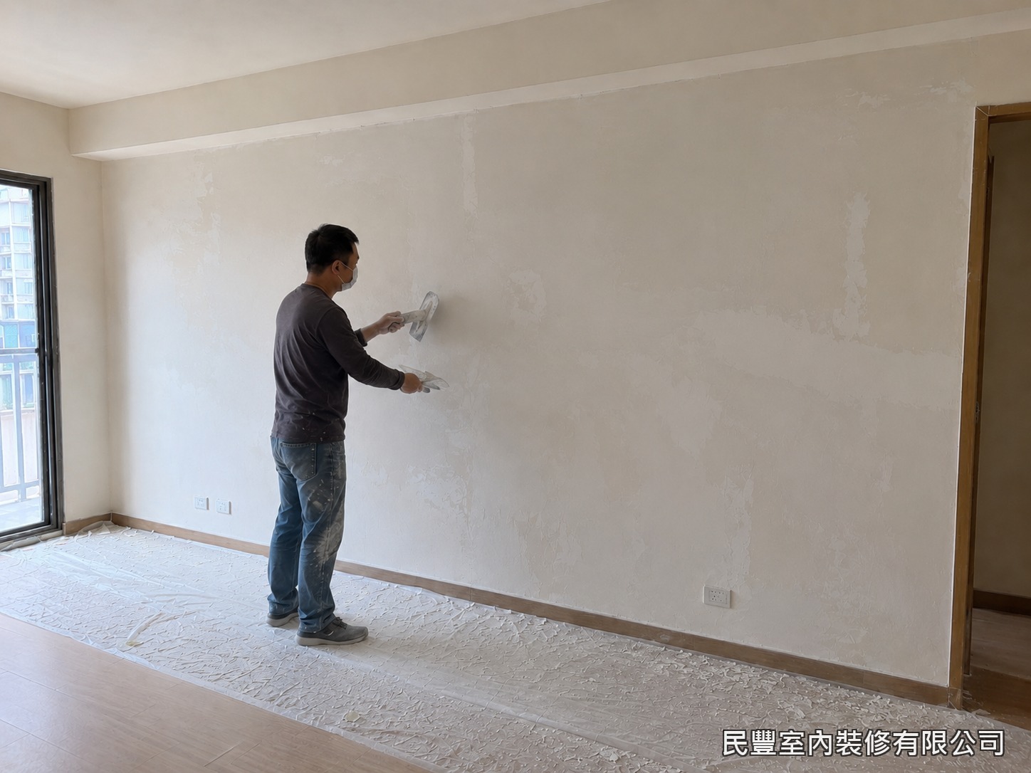 民豐室內裝修-客廳牆面批土刮除-批土乾燥後細緻研磨收面，燈照檢查無波浪陰影，牆面平整緊實