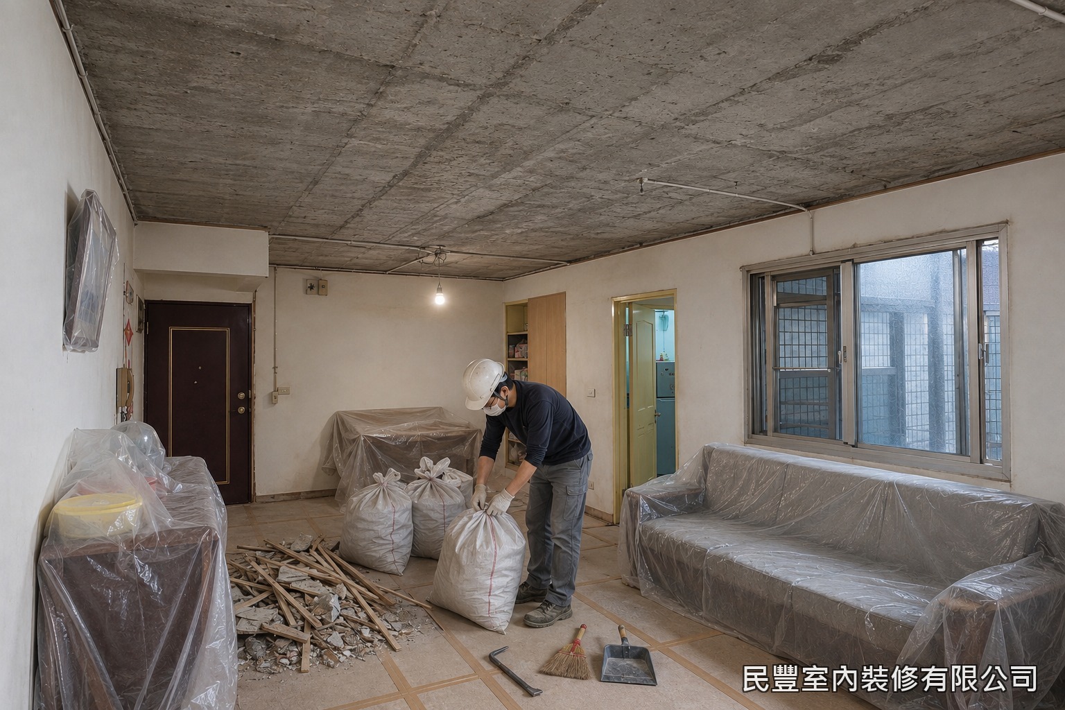 民豐室內裝修-天花板-將舊天花面材與骨架完整拆除至RC樓板結構面，露出原有管線；地面與家具鋪設養生保護材，廢料袋裝集中並清運