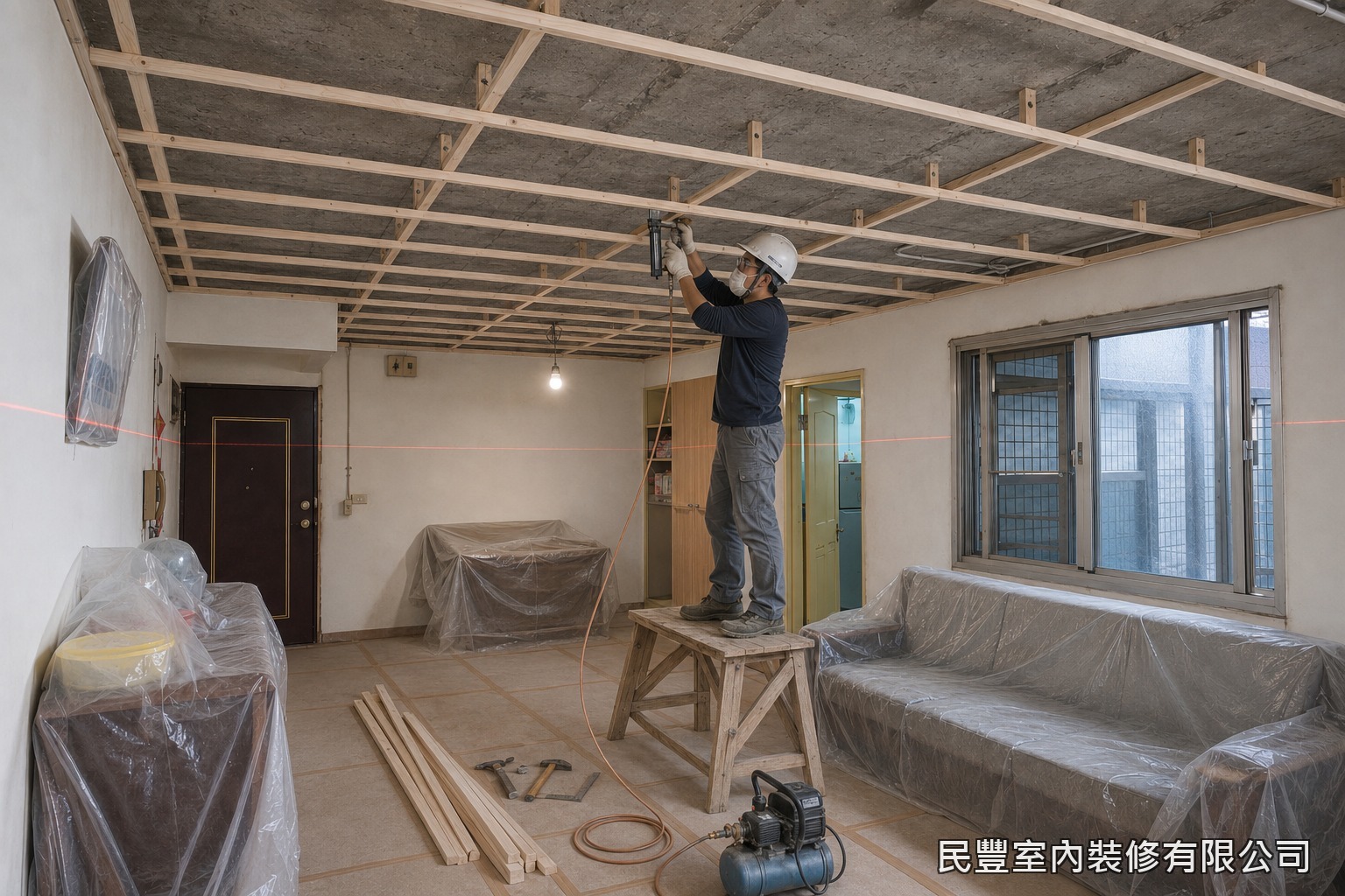 民豐室內裝修-天花板-以雷射水平儀定標高並彈墨線，集成角材吊筋與主副骨架依線固定，格柵間距約30至40公分，逐一校正水平