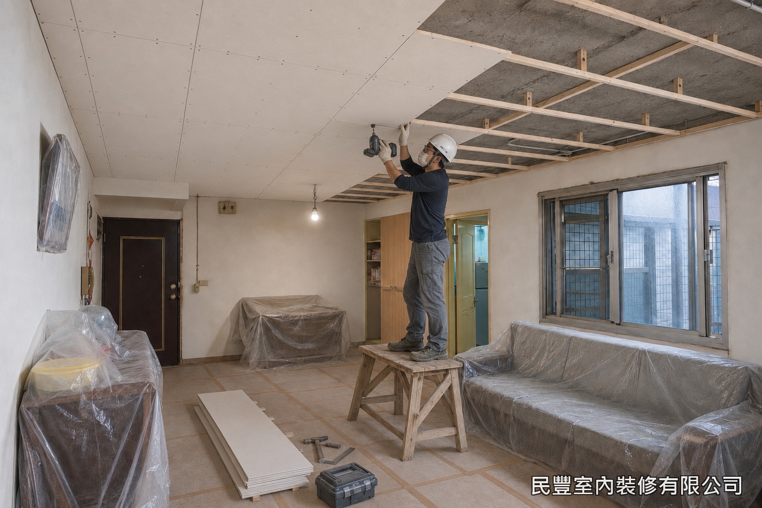 民豐室內裝修-天花板-選用6mm矽酸鈣板，以螺絲固定於角材骨架，板縫預留待批土處理，封板面平整、螺絲孔規律排列