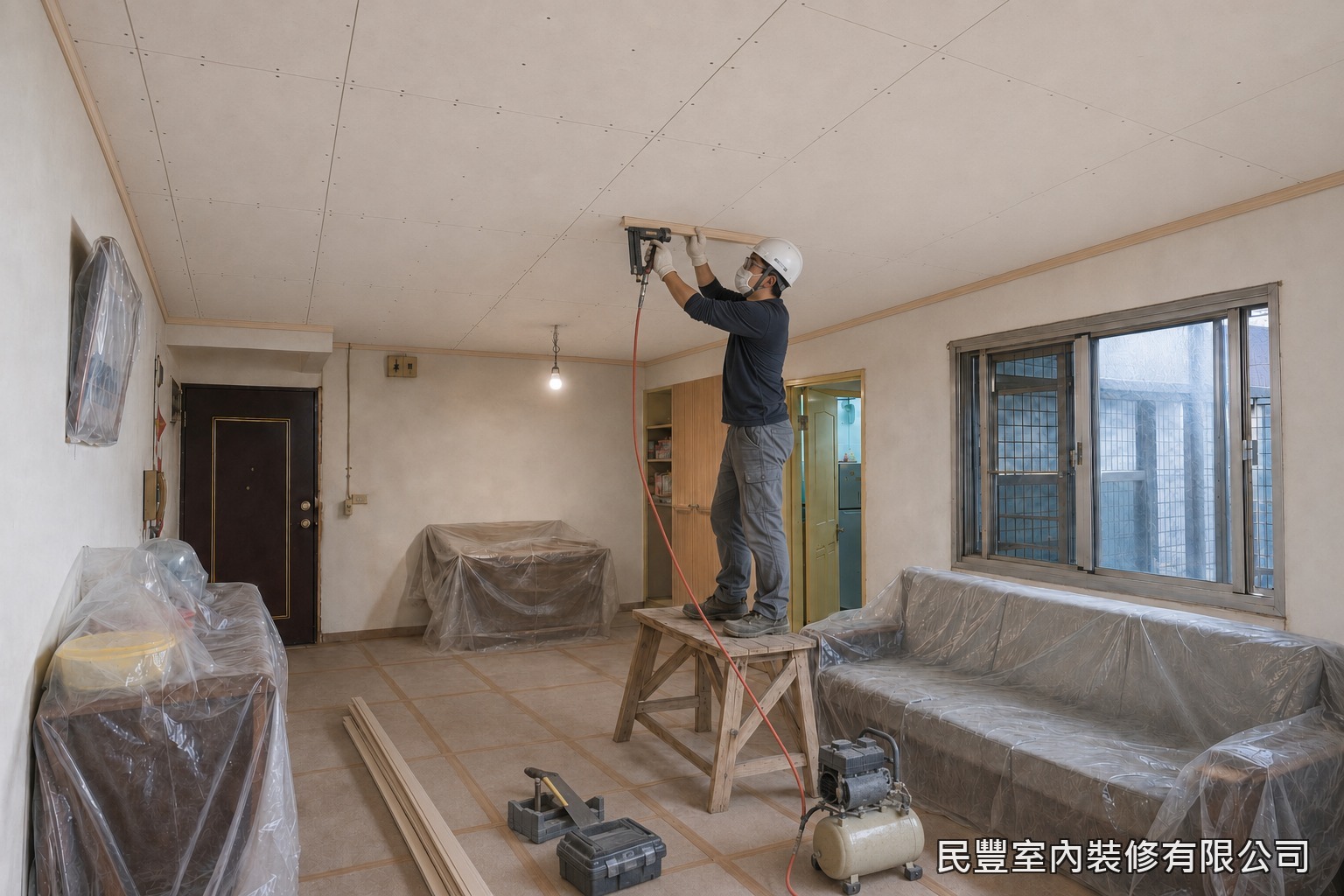 民豐室內裝修-天花板-天花與牆面交接處安裝收邊線板，轉角45度對角收口，修飾交接縫隙使整體線條俐落