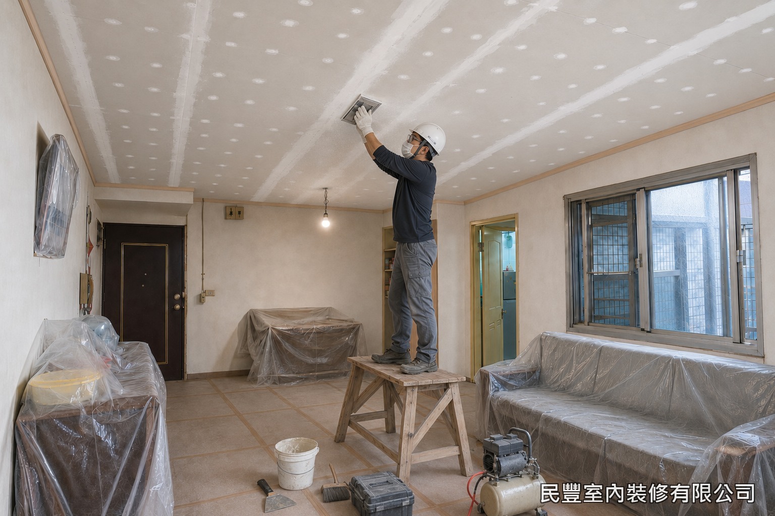 民豐室內裝修-天花板-板縫以AB膠與批土填補，乾燥後全面打磨平整，完成木作收尾，後續交由油漆工程塗裝