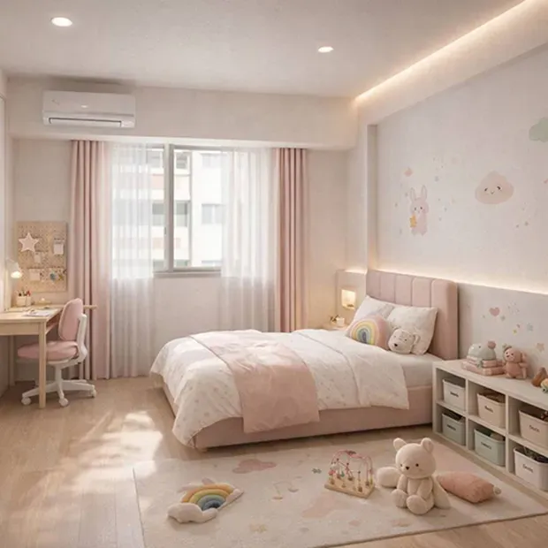 AI 模擬完工圖｜裝修前就看到裝修後－6歲女童房間實例-完工實景，依照業主的需求與期望，民豐室內裝修工程運用AIAgent技術，針對本案模擬設計「6歲女童房間」的完工效果圖